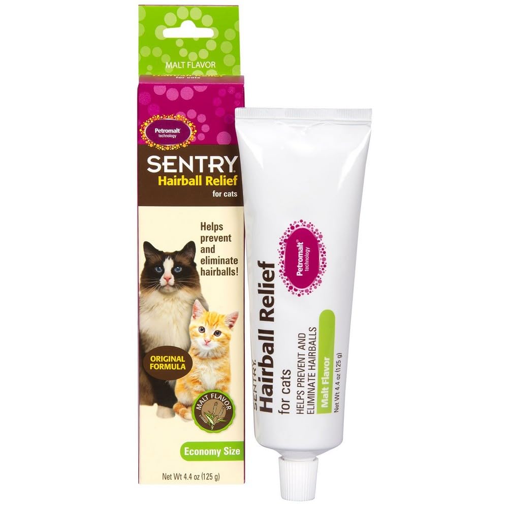 Sentry Pet Care Hairball Relief para gatos, envase visible para administración sencilla.