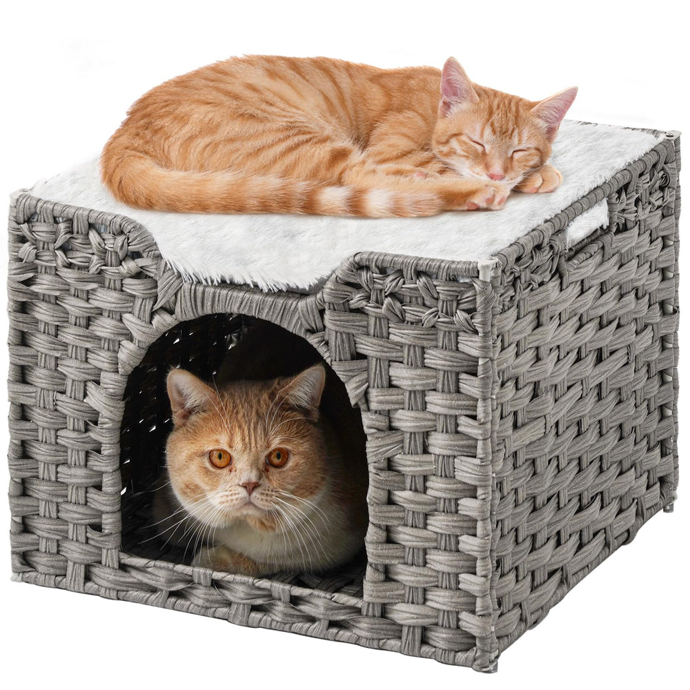 SETVSON cama para gato de interior con cueva de ratán gris y refugio seguro.