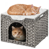 SETVSON cama para gato de interior con cueva de ratán gris y refugio seguro.