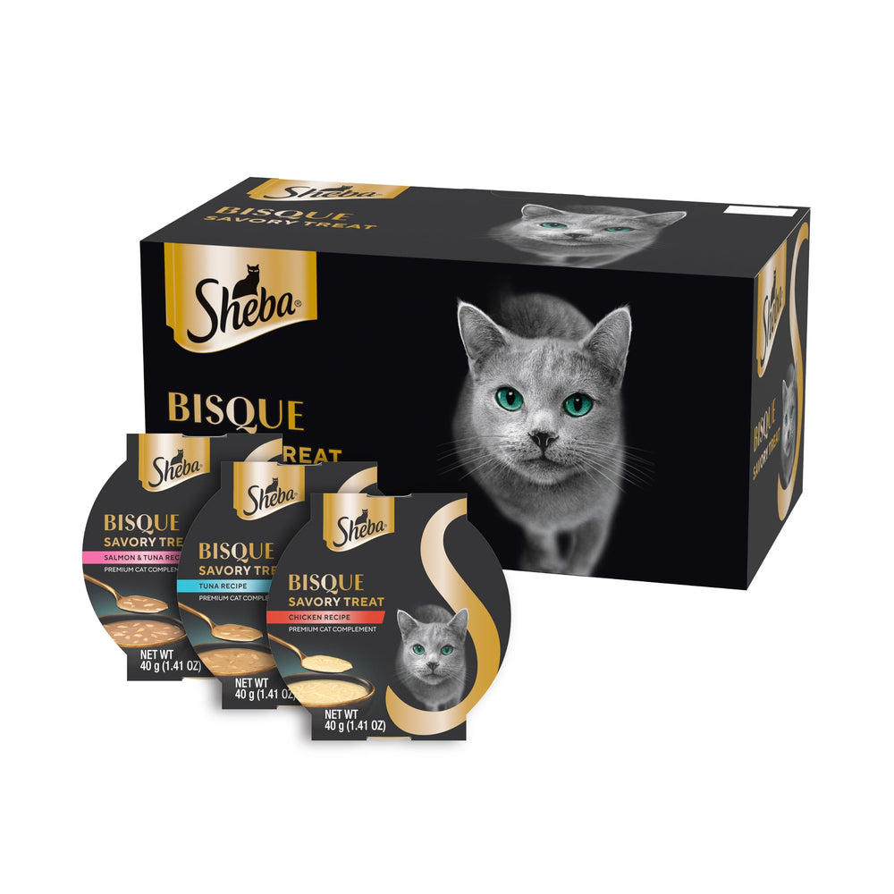 Golosinas bisque Sheba para gatos con pollo, complemento sabroso para cada comida.