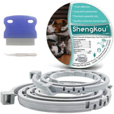 Collar ShengKou puesto en mascota con dos tallas para protección antipulgas y garrapatas.