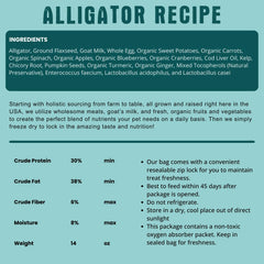 Etiqueta de Shepherd Boy Farms Alligator Recipe con ingredientes orgánicos y leche de cabra.