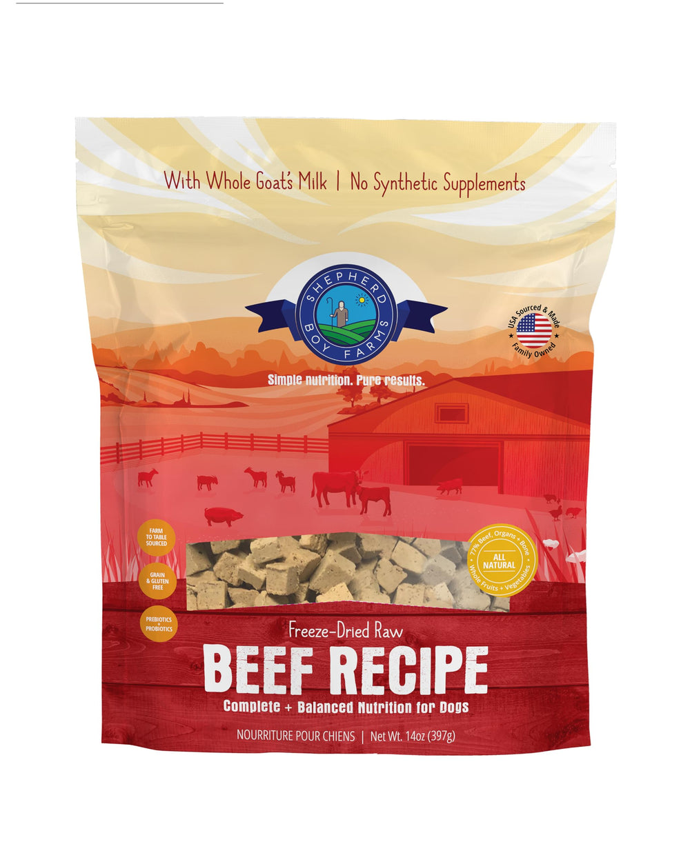 Bolsa de Shepherd Boy Farms con alimento liofilizado de ternera, listo para servir.