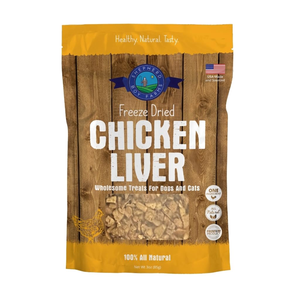 Premios de Shepherd Boy Farms higado-pollo liofilizado para perros y gatos, snack proteico.