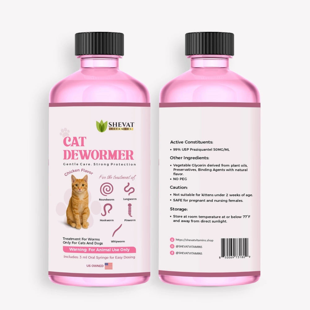 Dewormer SHEVAT VITAMINS para gatos, frasco de 60 ml con dosificación fácil.