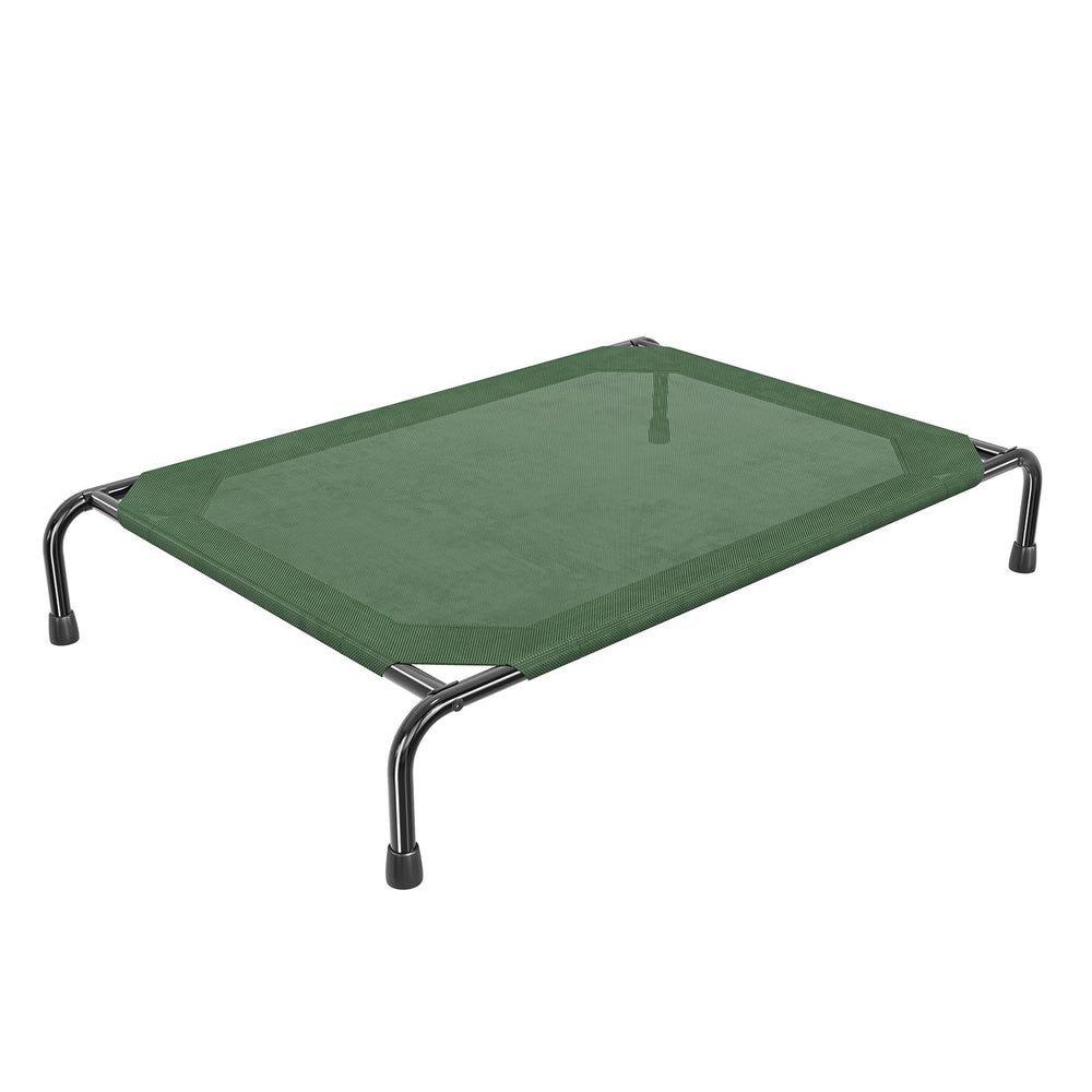 Simple Trending cama elevada grande, vista frontal verde, ideal para descanso al aire libre