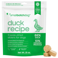 smallbatch pato liofilizado en empaque de 25oz para perros, fácil almacenamiento