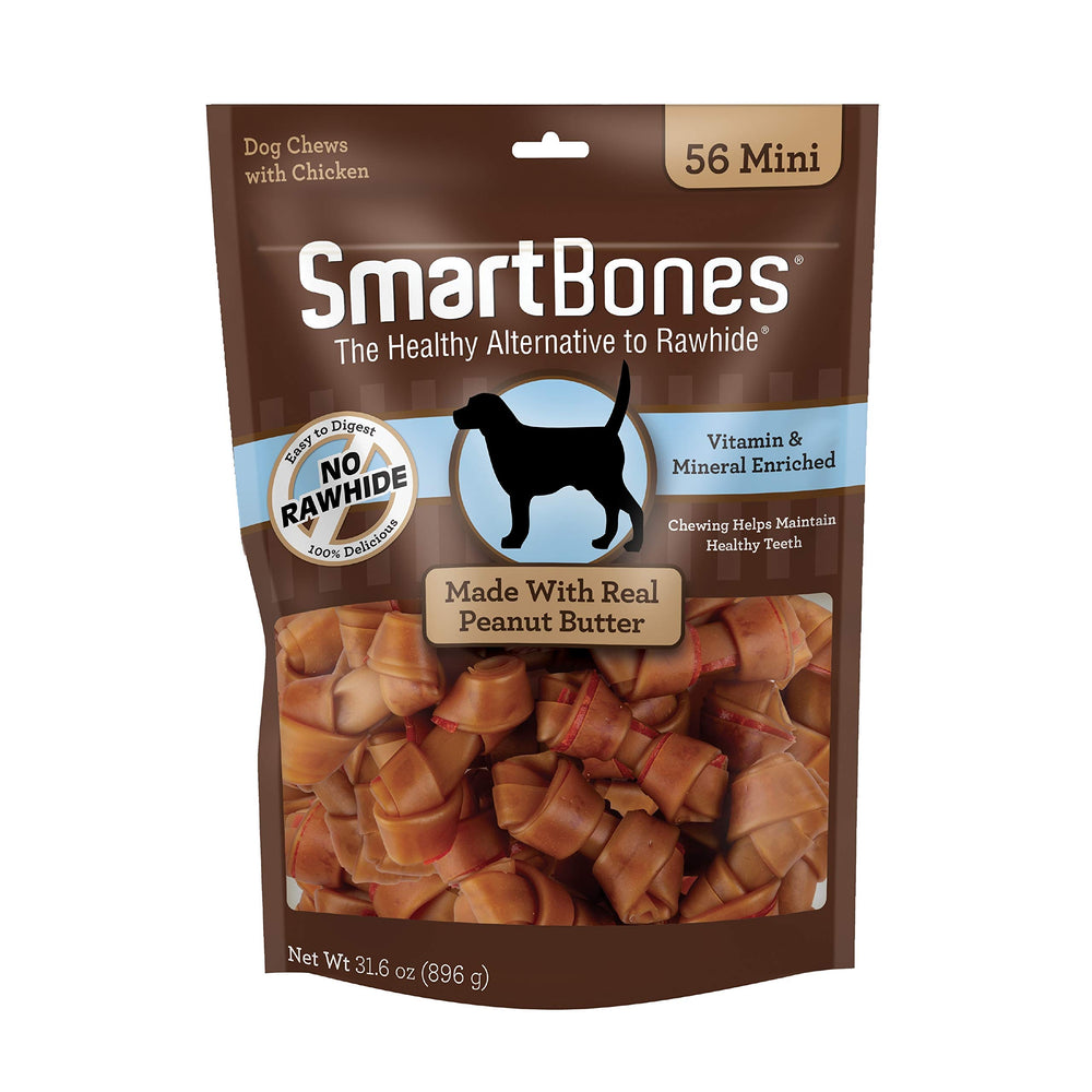 SmartBones Mini Bones con mantequilla de cacahuete real en empaque, snack apetitoso para perros