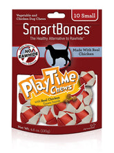 SmartBones PlayTime Chews sin cuero crudo, empaque frontal para perros curiosos