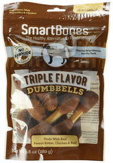 SmartBones Triple Flavor Dumbbells 10-count pack with peanut butter for dogs' chewing enjoyment.