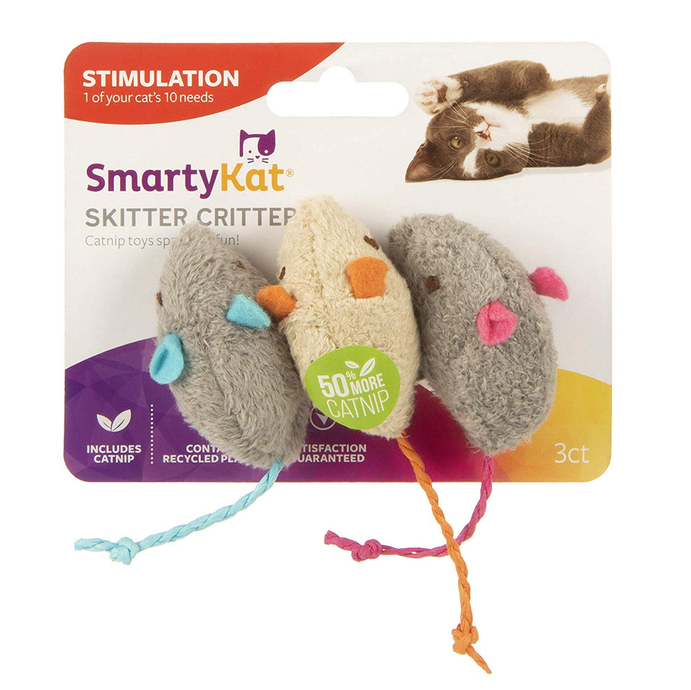 SmartyKat Skitter Critters ratón de juguete con hierba gatera para gatos, ideal para juego activo.