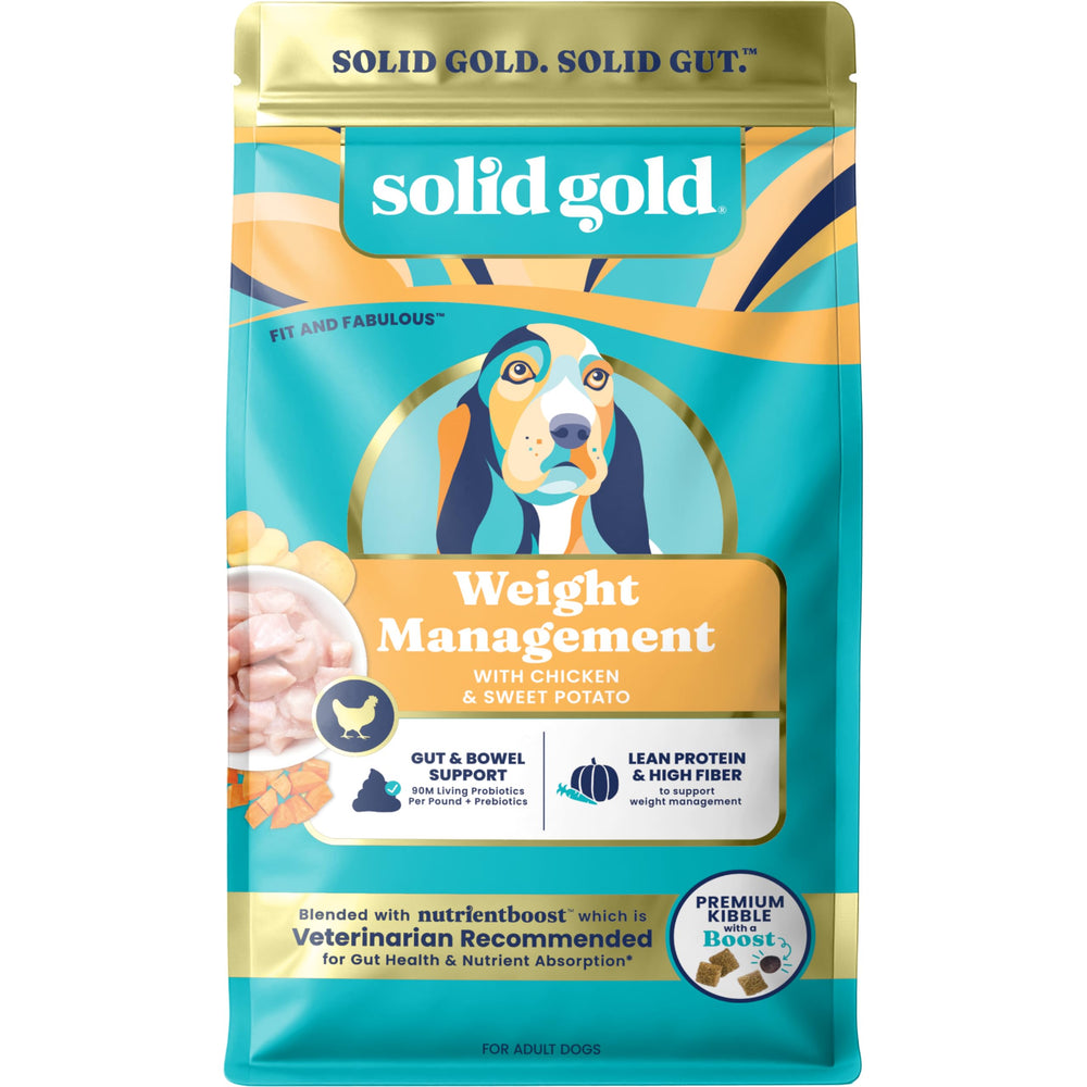 Solid Gold alimento para perro con peso saludable en empaque, ideal para control de ración.