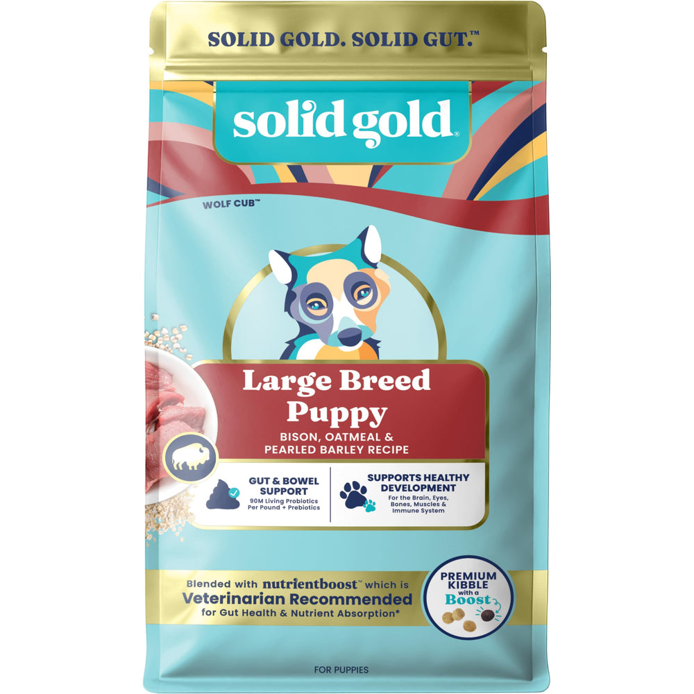 Solid Gold cachorro raza grande en empaque frontal, nutrición diaria recomendada