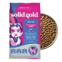 Solid Gold Mighty Mini: bocado tamaño mini para perros pequeños, masticación fácil.