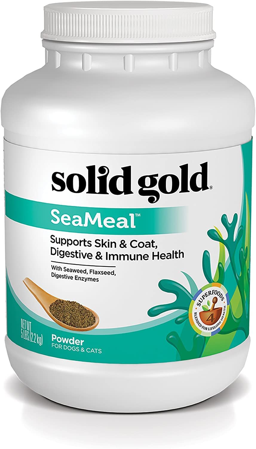 SeaMeal de Solid Gold, polvo de bienestar diario para perros y gatos, apoya piel y pelaje.