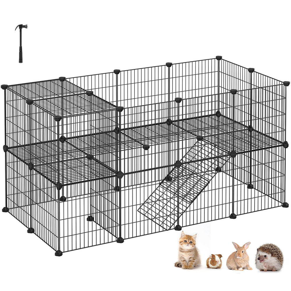 SONGMICS jaula de dos niveles para mascotas, crea un refugio cómodo para conejos y cobayas.