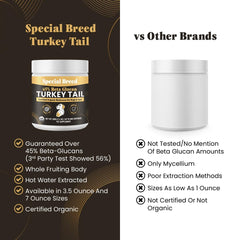 Special Breed cola-pavo organico etiqueta-exterior, información clara y trazabilidad de calidad.