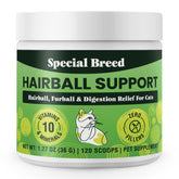 Special Breed frasco de suplemento para bolas de pelo, pensado para reducir bolas de pelo