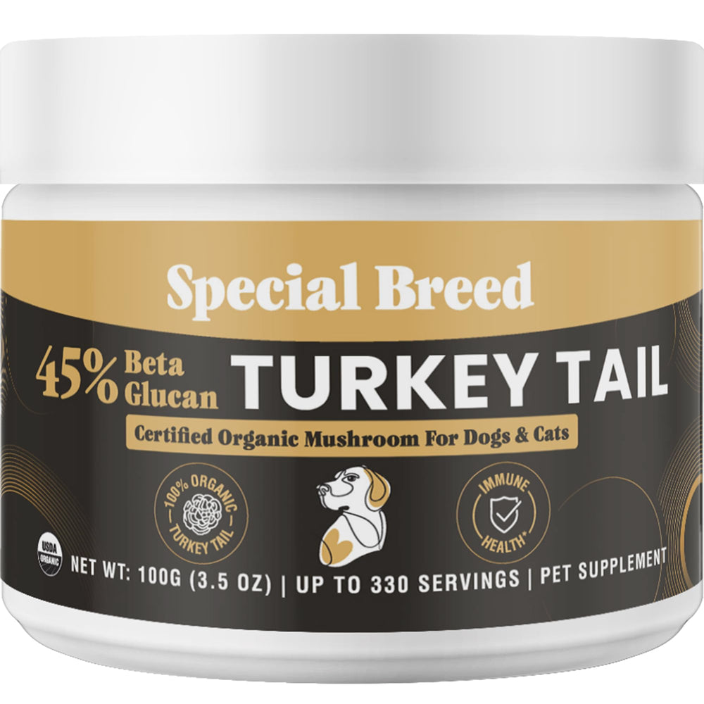 Special Breed Organic Cola de Pavo Polvo Frasco: apoyo inmunológico natural para mascotas.