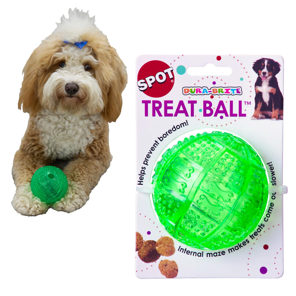Spot Dura-Brite bola de tratamiento verde 3in para perros, juego interactivo.