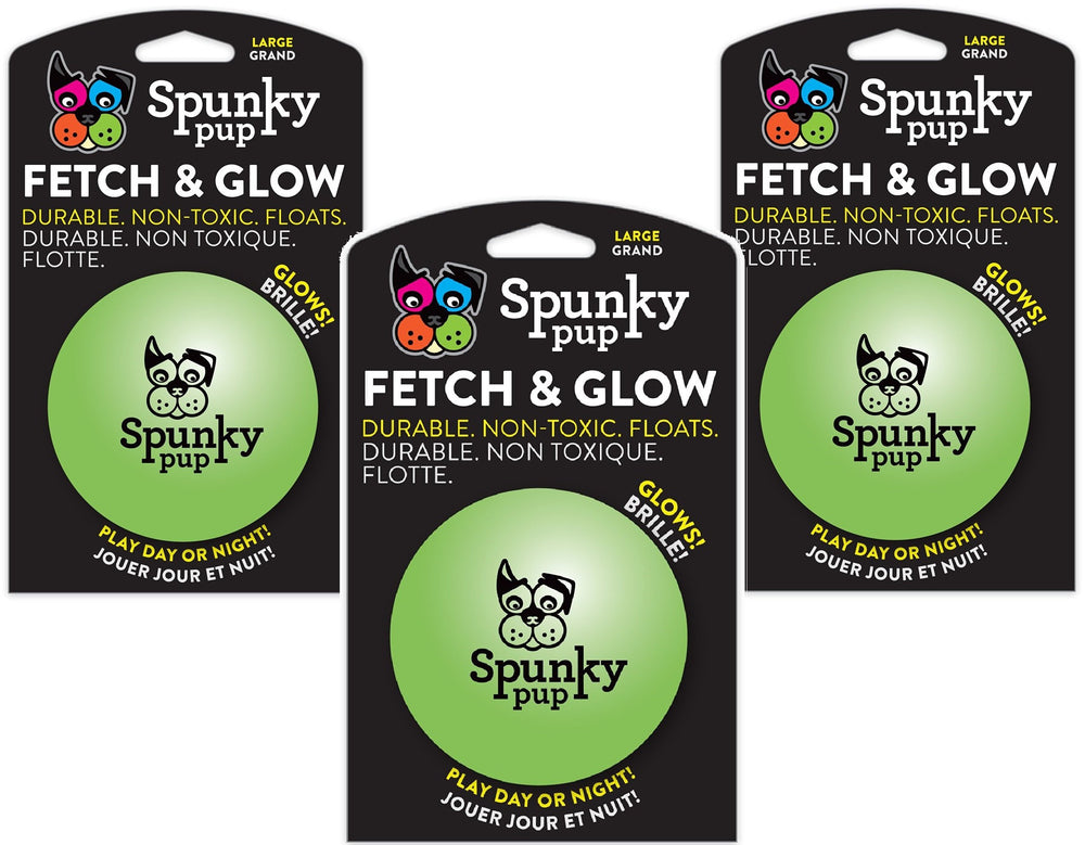 Spunky Pup Fetch and Glow Ball grande en colores variados, ideal para sesiones de juego diurnas o nocturnas