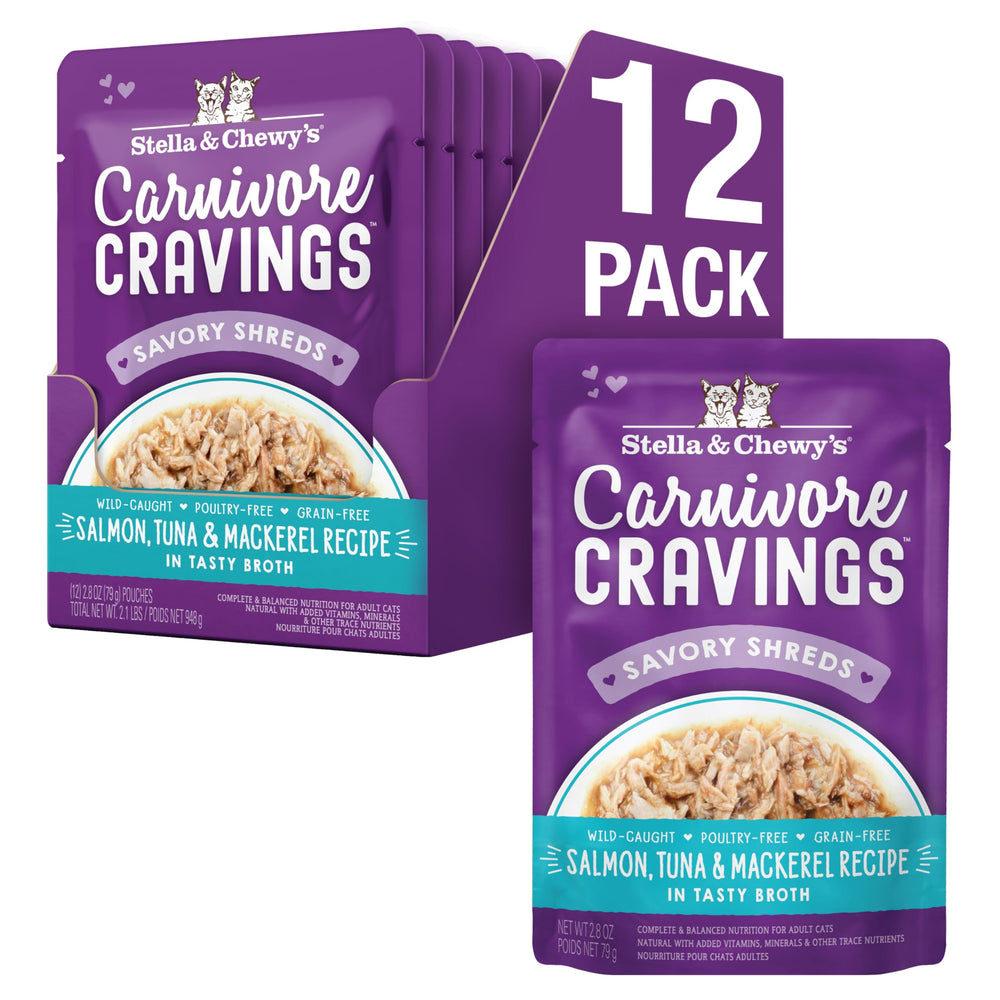 Producto Stella & Chewy's Carnivore Cravings con salmón, atún y caballa en caldo sabroso para gatos exigentes
