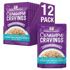 Producto Stella & Chewy's Carnivore Cravings con salmón, atún y caballa en caldo sabroso para gatos exigentes