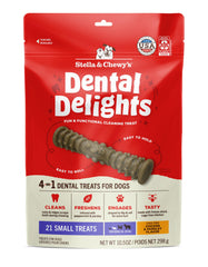 Stella & Chewy's Dental Delights empaque frontal, cuidado dental fácil de identificar para perros.