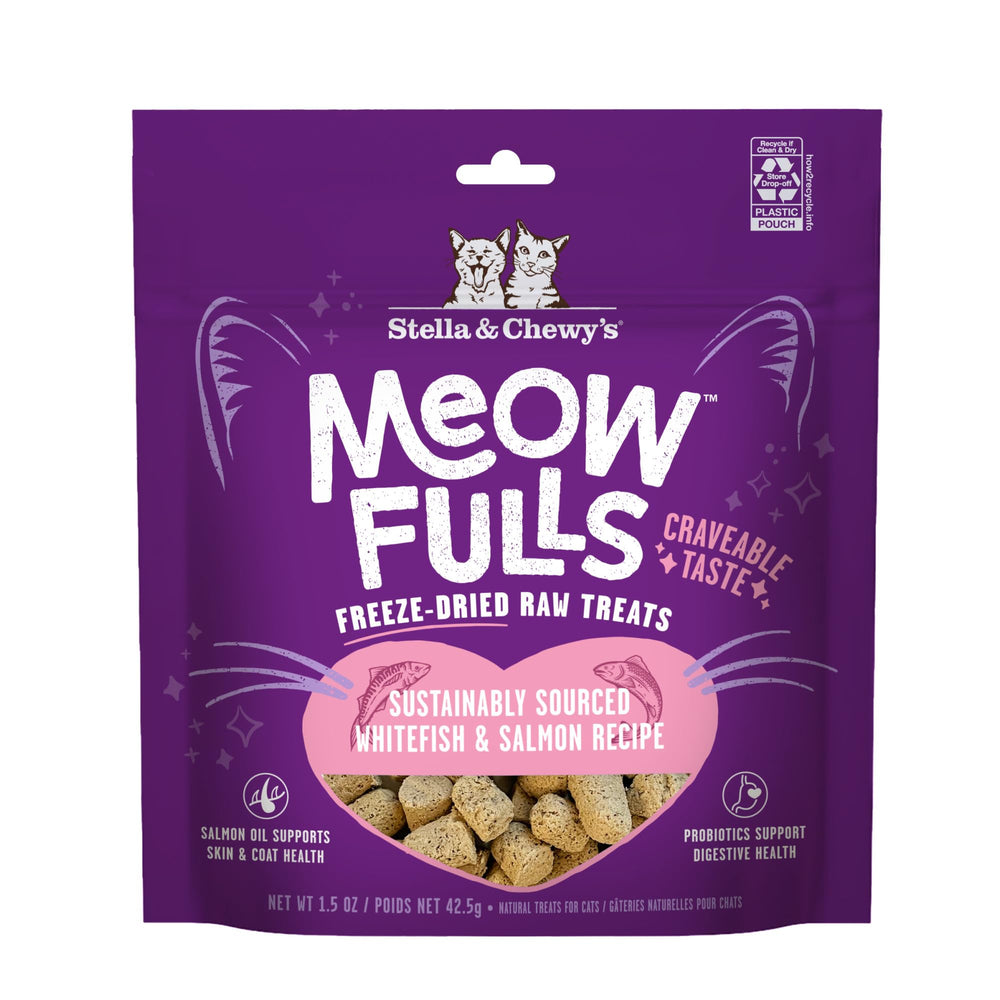 Stella & Chewy's Meowfulls frente al empaque, recompensa sabrosa para gatos.