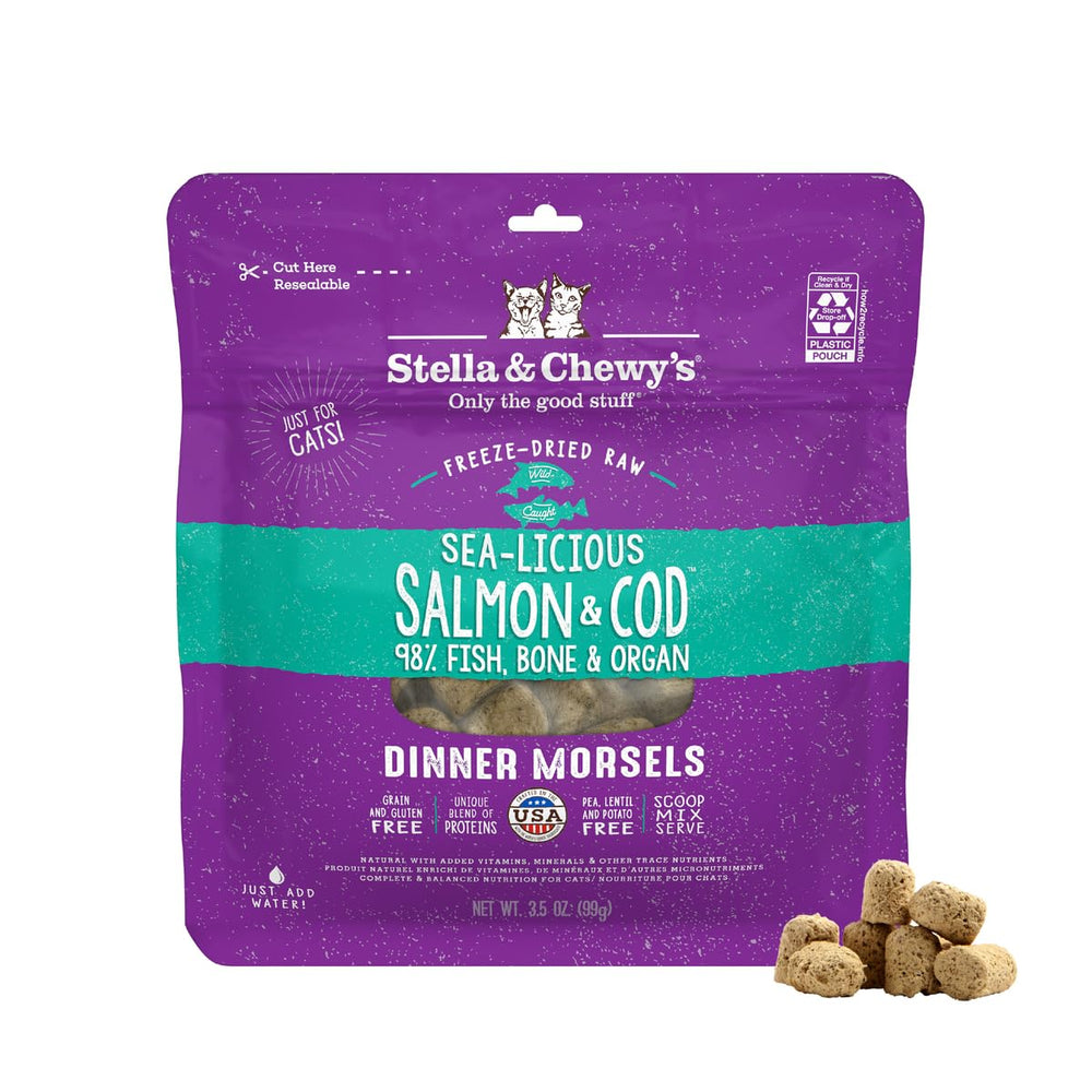 Stella & Chewy's mordiscos crudos con salmón y bacalao en tazón, sabor natural.