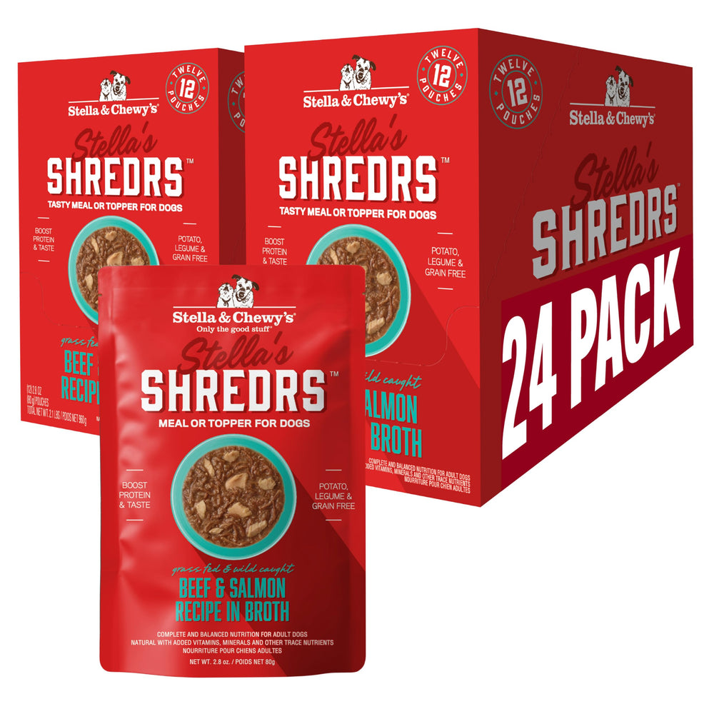 Stella & Chewy's Shredrs frente al envase, opción atractiva para comidas diarias.