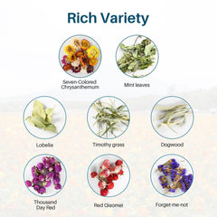 Sukh 150g con flores secas e hierbas, enriqueciendo la cama con aromas suaves.