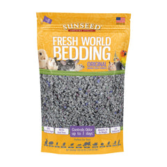 Sunseed Fresh World Bedding gris para mascotas pequeñas, empaque práctico.
