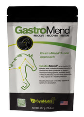 GastroMend de SynNutra Equine, botella con vertido, apoyando la función gástrica normal del caballo.