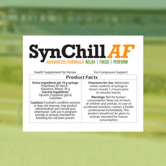 SynNutra Equine SynChill AF, envase frontal para mostrar la fórmula sin L-teanina.