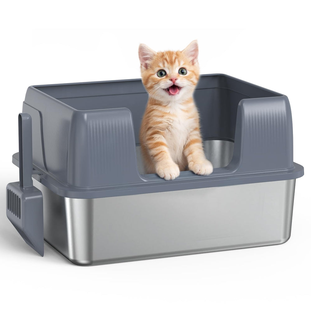 SZEE bacinilla de acero inoxidable con entrada baja para gatitos, fácil acceso.