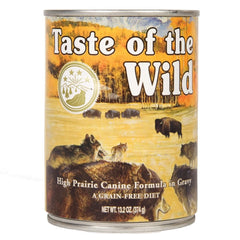 Taste of the Wild High Prairie, lata para perros, sabor intenso y proteínas variadas para una comida completa.