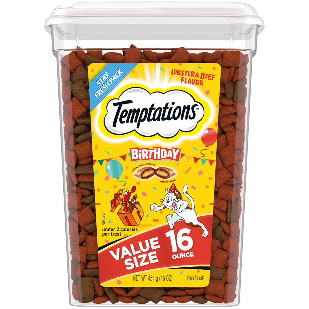 Temptations Birthday Cat Treats tub front view; easy daily reward for your cat.