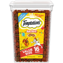 Temptations Birthday Cat Treats tub front view; easy daily reward for your cat.