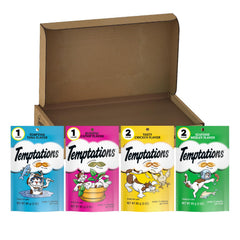 Temptations Gatos, empaque frontal que muestra snacks crujientes y suaves para premiar.