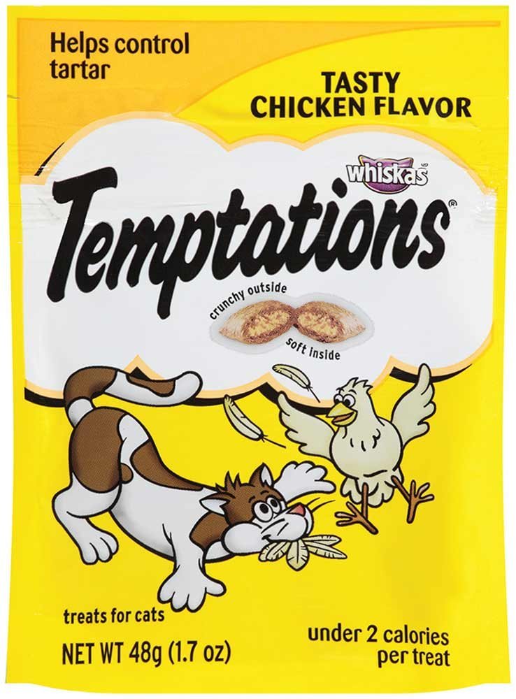 Temptations para gatos, sabor pollo, bocaditos crujientes por fuera y suaves por dentro.