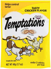 Temptations para gatos, sabor pollo, bocaditos crujientes por fuera y suaves por dentro.