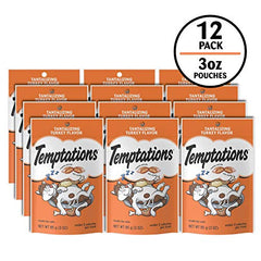 Temptations para gatos: textura crujiente y suave con sabor turquia, ideal para premiar.