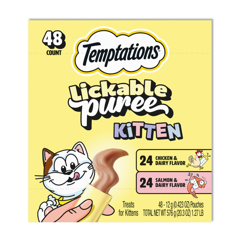 Temptations puré para gatitos, bolsita de pollo y lácteos, ideal para terminar la hora de juego