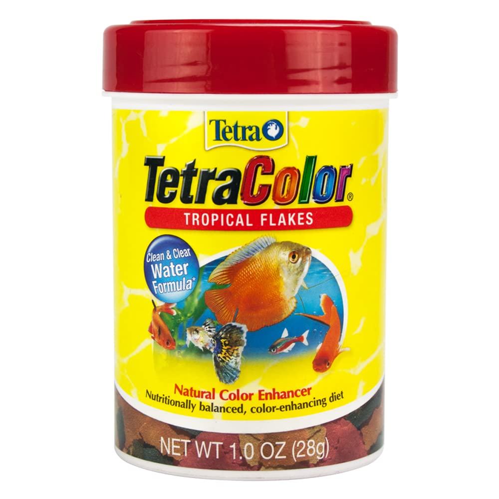 TetraColor Tropical Flakes, empaque de 1oz, fácil de almacenar y alimentar diariamente.