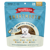 The Missing Link Smartmouth dental chews en empaque práctico para perros pequeños y aliento fresco.