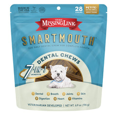 The Missing Link Smartmouth dental chews en empaque práctico para perros pequeños y aliento fresco.