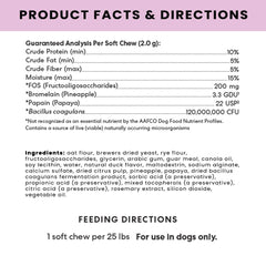 The Pets Table Probiotic Soft Chews: ingrediente clave Fructooligosacáridos para salud digestiva.