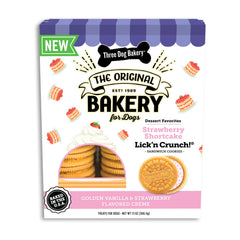 Three Dog Bakery Lick’n Crunch: galletas de fresa y crema, snack tentador para perros.