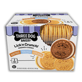 Three Dog Bakery Lick'n Crunch galletas sándwich premium para perros, crujientes y sabrosas.